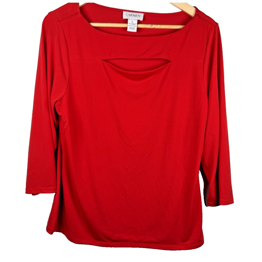 Vintage 00's y2k CARMEN MARC VALVO Red Keyhole Top Blouse Stretch Women XL NEW - Picture 2 of 5